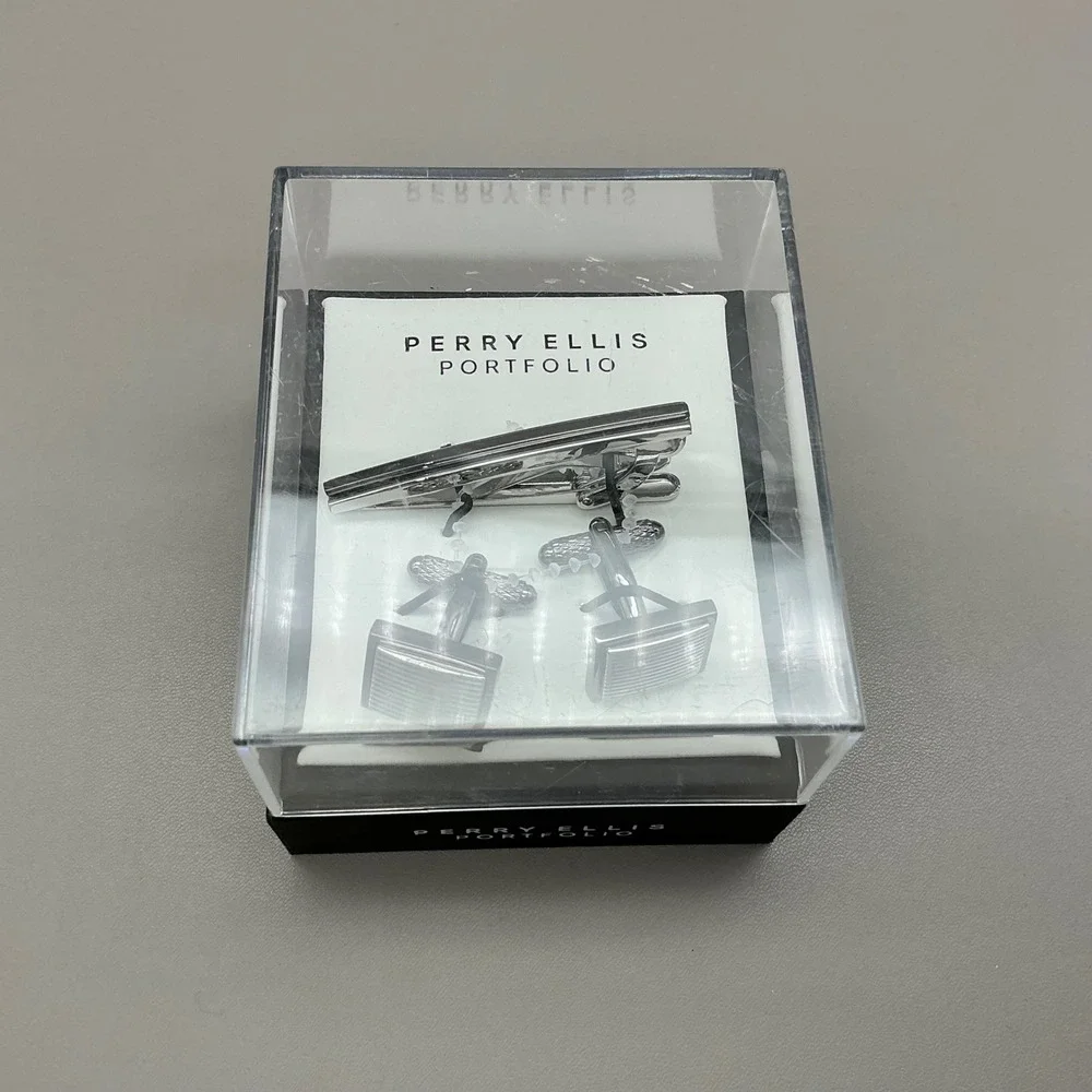 Perry Ellis Cufflinks Tie Bar Set Silver Tone Striped Formal Gift Box